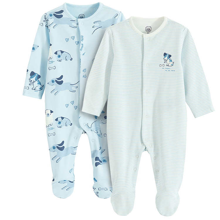 Blue and ecru footed overalls with dogs print- 2 pack