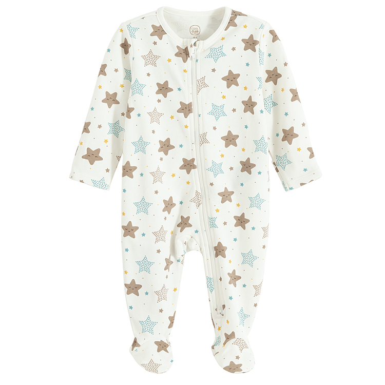 Ecru footed overall with stars print and side zipper