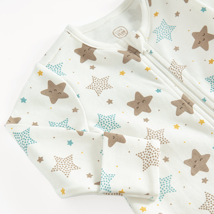 Ecru footed overall with stars print and side zipper