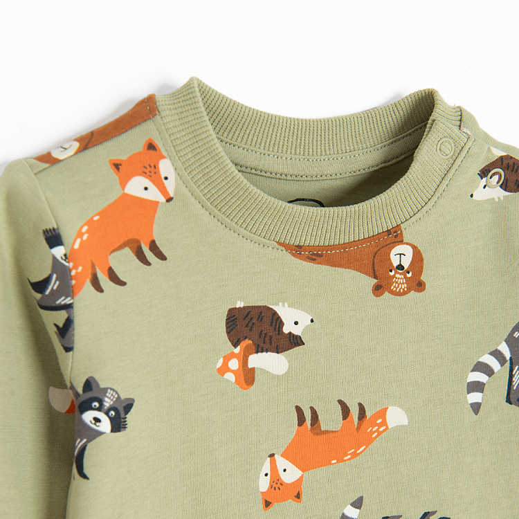 Green long sleeve blouse with forest animals print