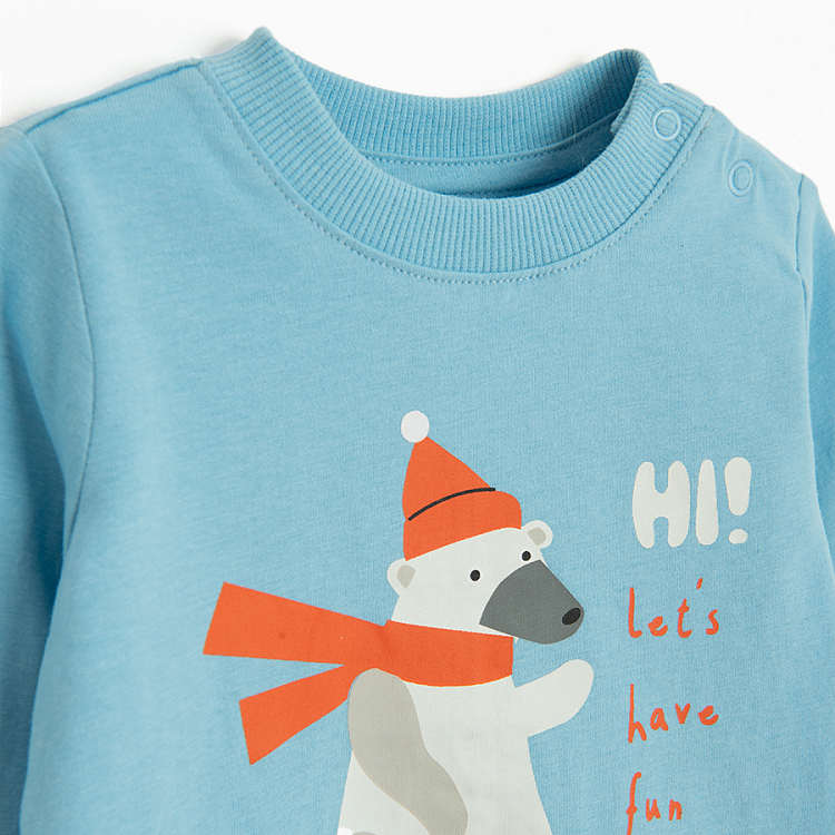 Blue blouse with bear skiing and Let's have fun print