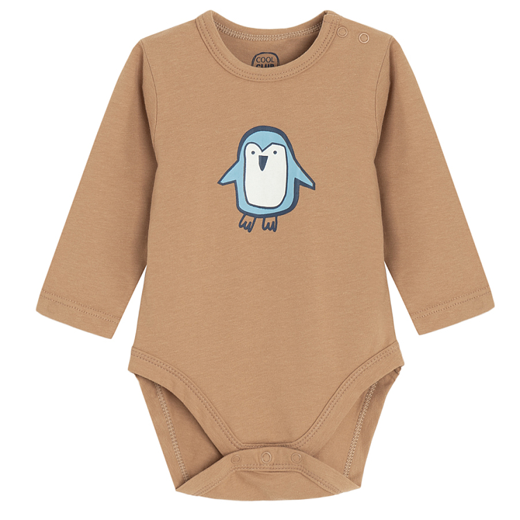 Brown long sleeve bodysuit with penguin print