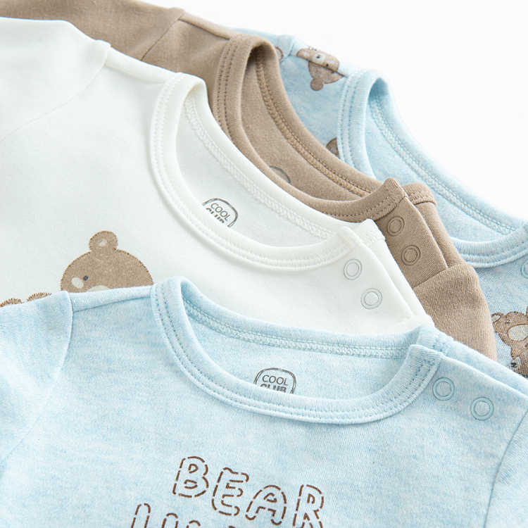 Blue, ecru, brown long sleeve bodysuits with bears print- 3 pack