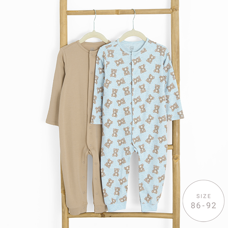 Brown and blue with bears print footed long sleeve overalls- 2 pack