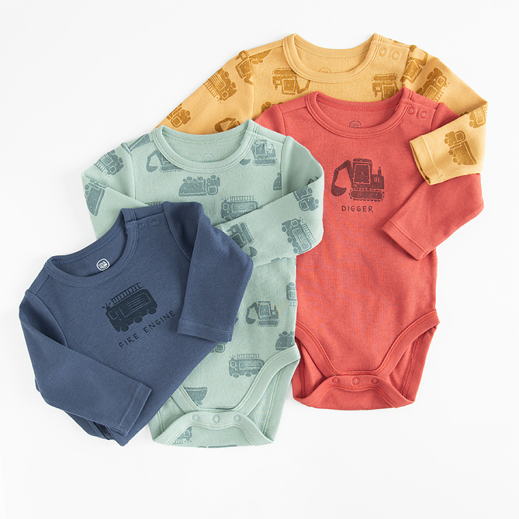 Long sleeve bodysuits with trucks print- 4 pack