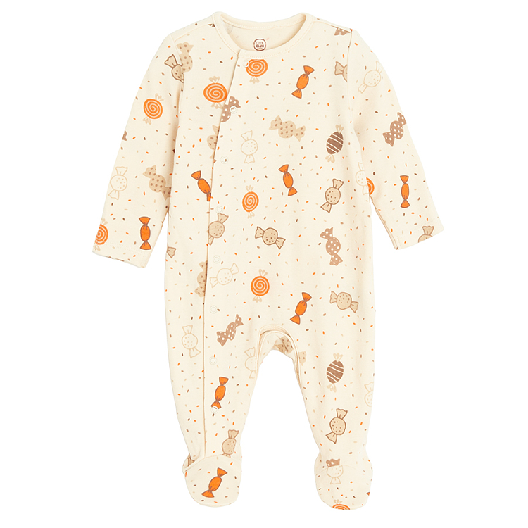 Ecru long sleeve footed overall with candies print and side buttons print