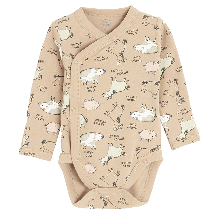 Ecru and brown long sleeve wrap bodysuits with farm animals- 2 pack