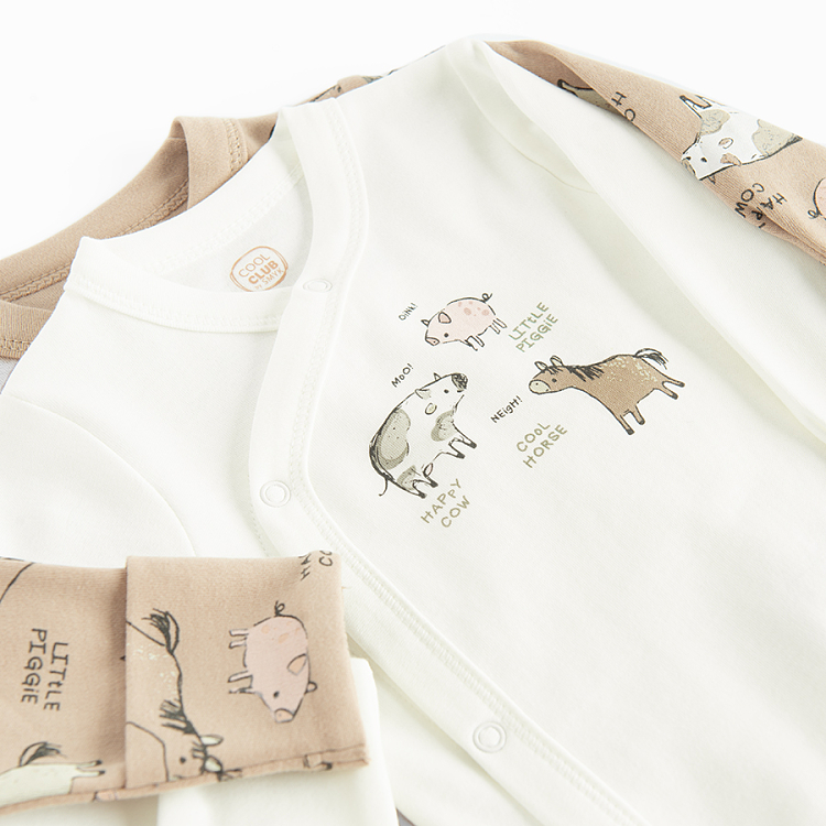 Ecru and brown long sleeve wrap bodysuits with farm animals- 2 pack