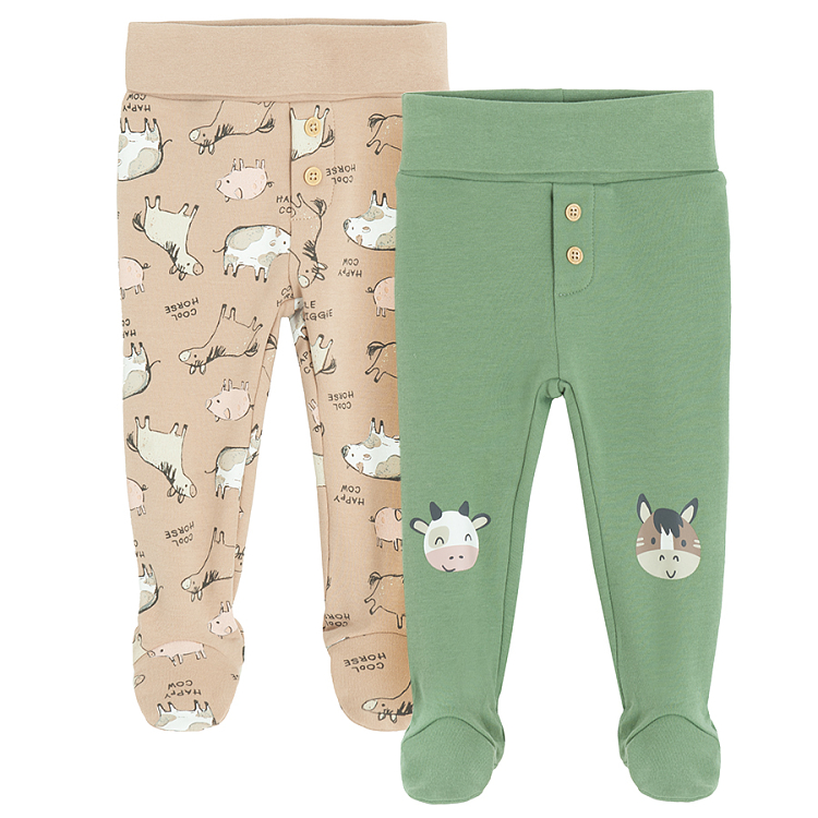 Greek and light brown footed leggings with farm animals print- 2 pack