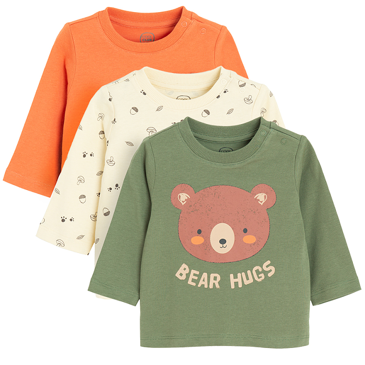 Orange, ecru and green long sleeve blouses with woods animals print