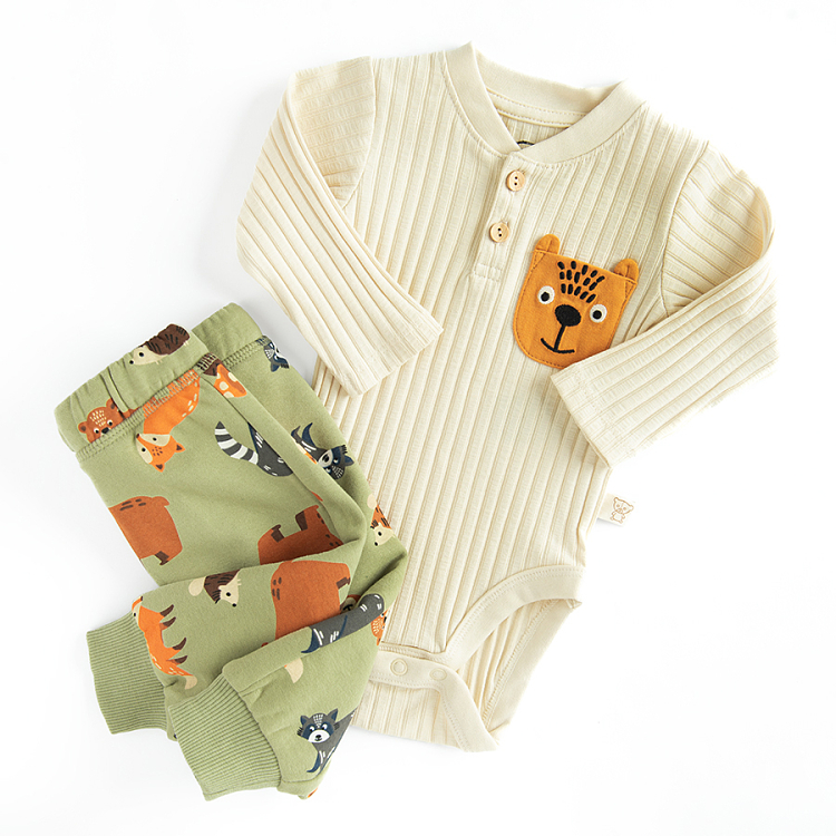 Beige long sleeve bodysuit with jogging pants with forest animals print- 2 pieces