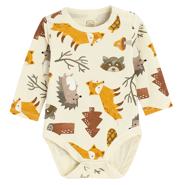 Blue and ecru with forest animals print long sleeve bodysuits - 2 pack