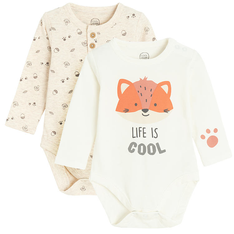 Ecru with mushrooms print and fox print long sleeve bodysuits- 2 pack