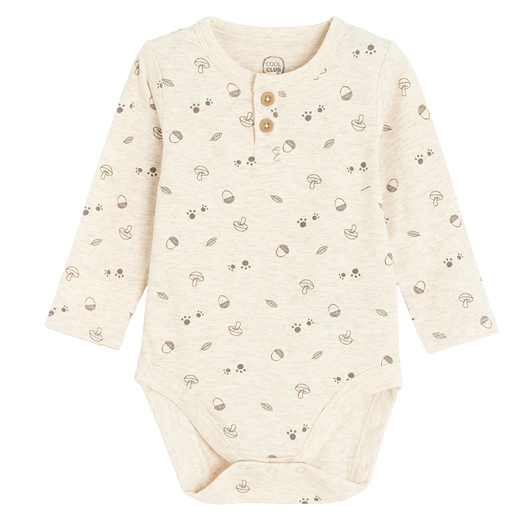 Ecru with mushrooms print and fox print long sleeve bodysuits- 2 pack