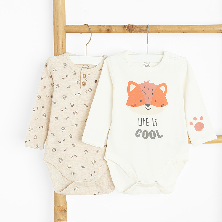 Ecru with mushrooms print and fox print long sleeve bodysuits- 2 pack