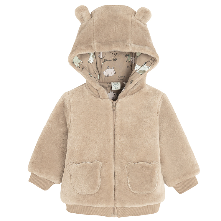 Ecru zip through jacket with bear ears on the hood