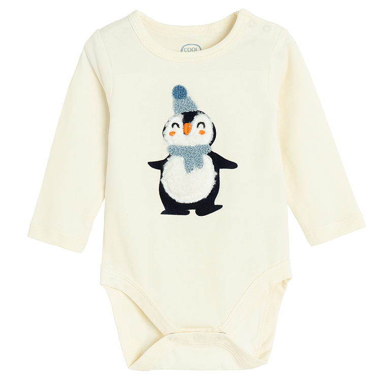 Ecru long sleeve bodysuit with festive penguin and blue jogging pants set- 2 pieces