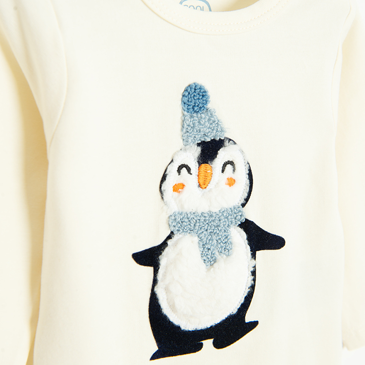 Ecru long sleeve bodysuit with festive penguin and blue jogging pants set- 2 pieces