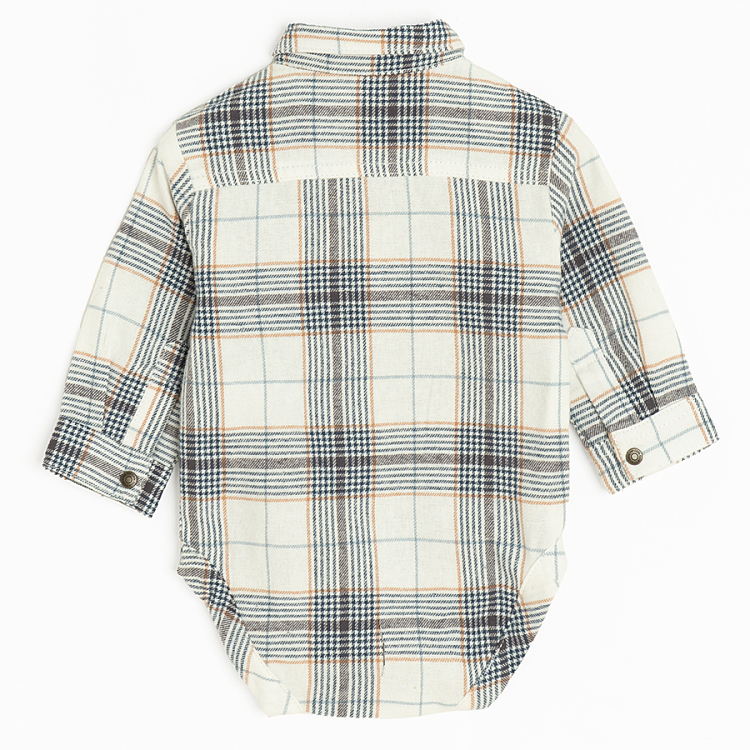 Checked long sleeve bodysuit with collar and chest pocket