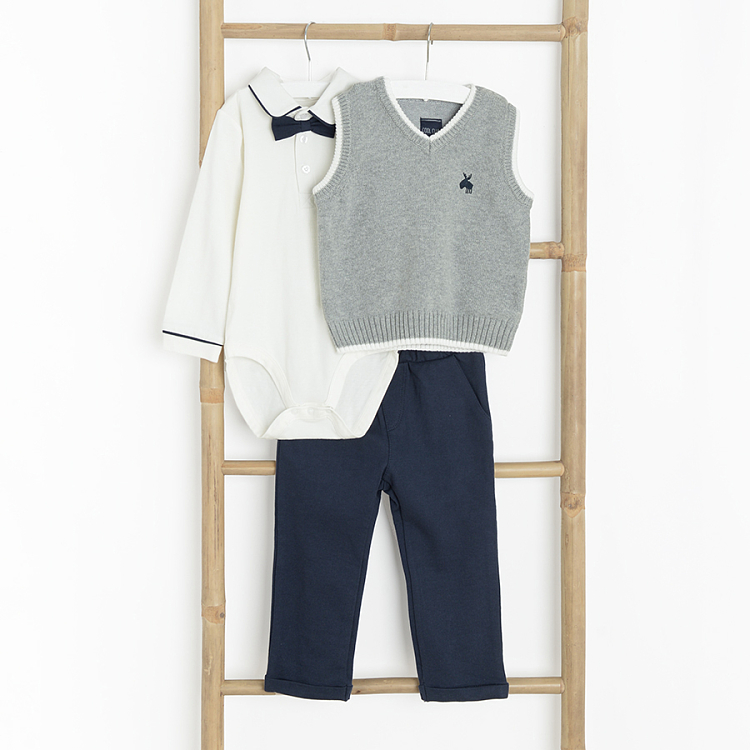 White long sleeve bodysuit with bow, grey vest and blue trousers set- 3 pieces