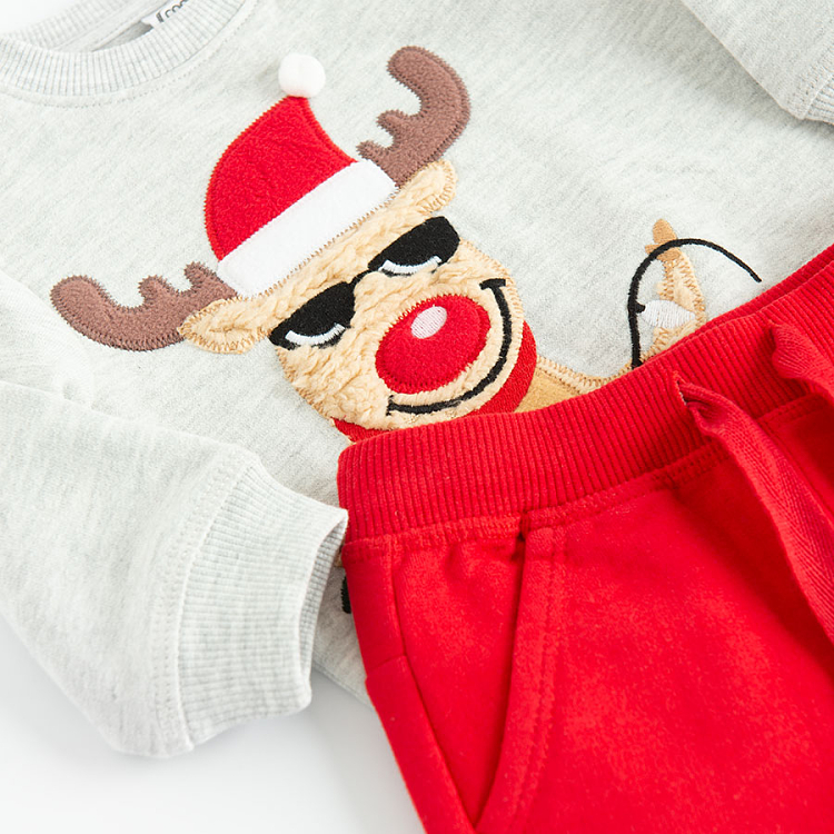 Grey sweatshirt with raindeer print and red jogging pants set