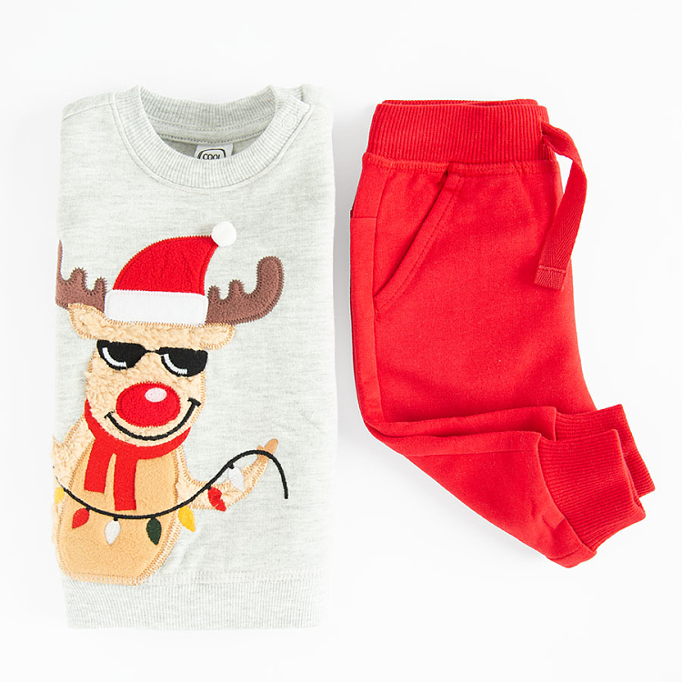 Grey sweatshirt with raindeer print and red jogging pants set