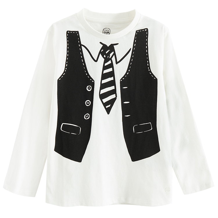 White long sleeve blouse with vest and tie print