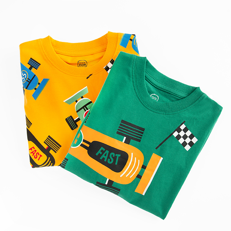 Yellow and green long sleeve blouses with Formula 1 print