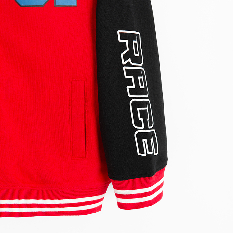 Red zip through sweatshirt with black sleeves and Race print