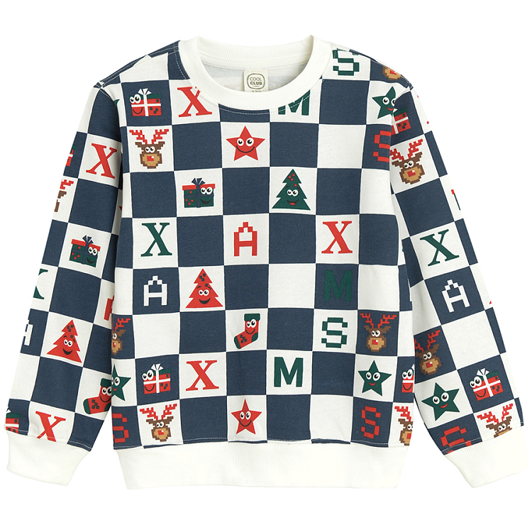 Blue and white chess board sweatshirt with Xmas print