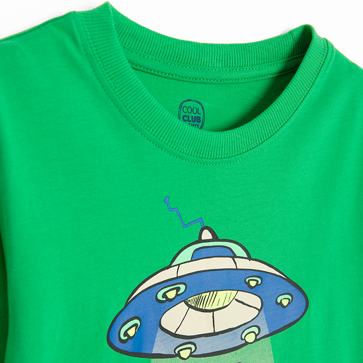 Green blouse with aliens and We need more space print