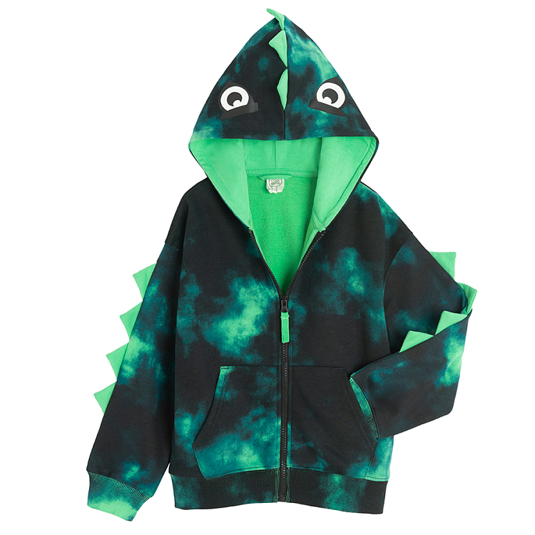 Green tie dye hooded zip through sweatshirt with dinosaurs scales