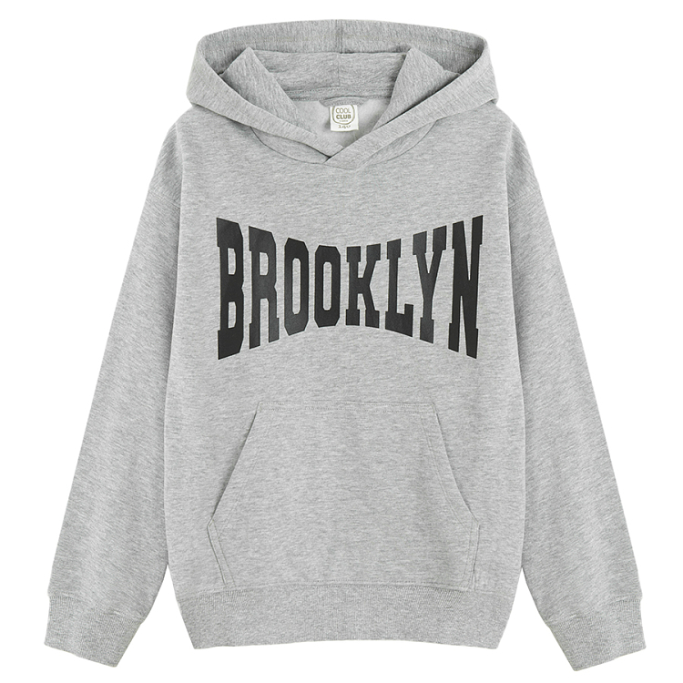 Grey hooded sweatshirt with BROOKLYN print