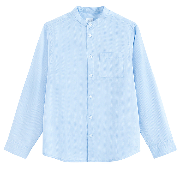 Blue long sleeve button down shirt with mao collar