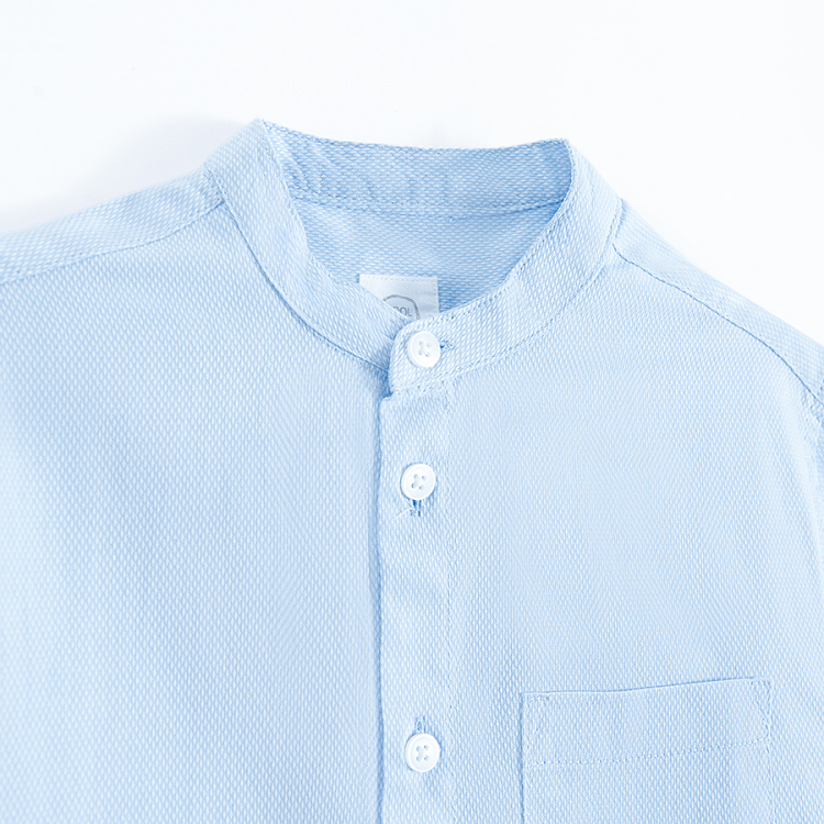 Blue long sleeve button down shirt with mao collar