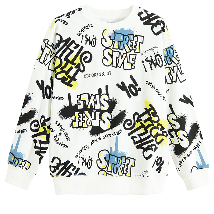 White sweatshirt with various prints