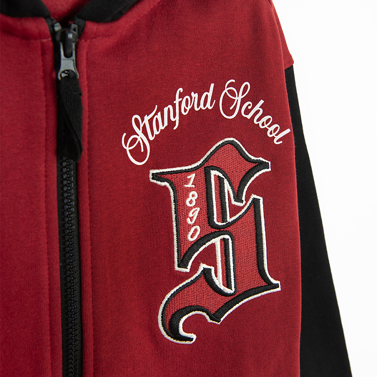 Red and black zip through hooded jacket with S print