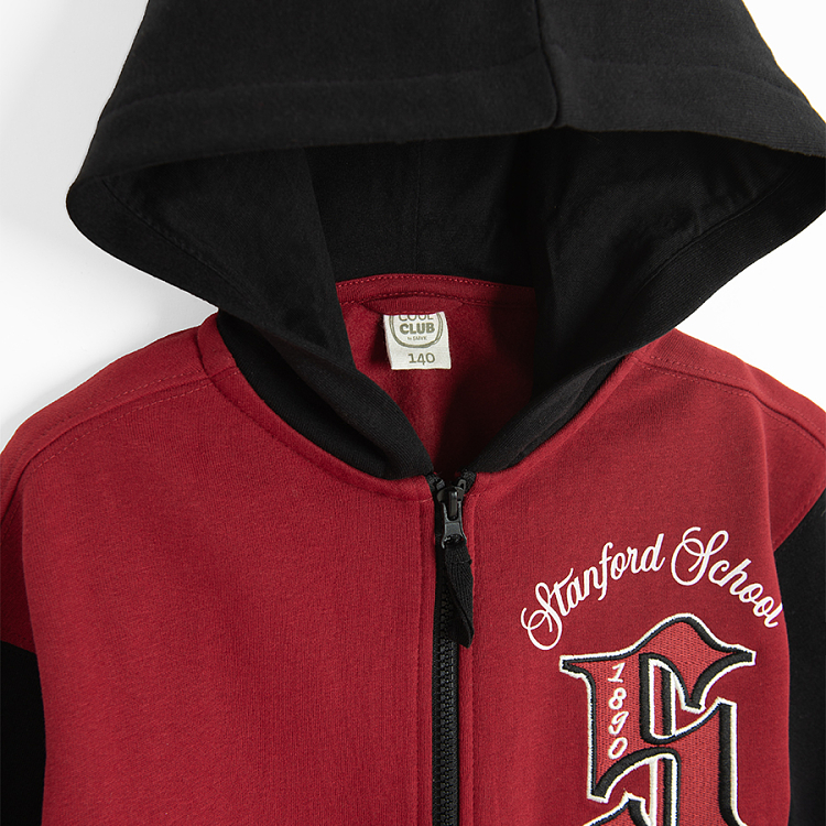 Red and black zip through hooded jacket with S print