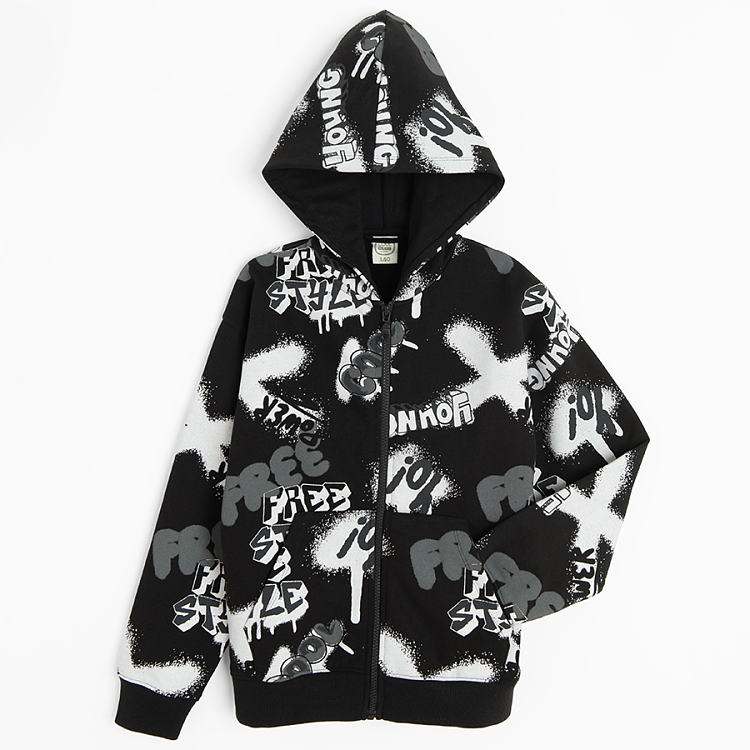 Black zip through sweatshirt with graffiti print