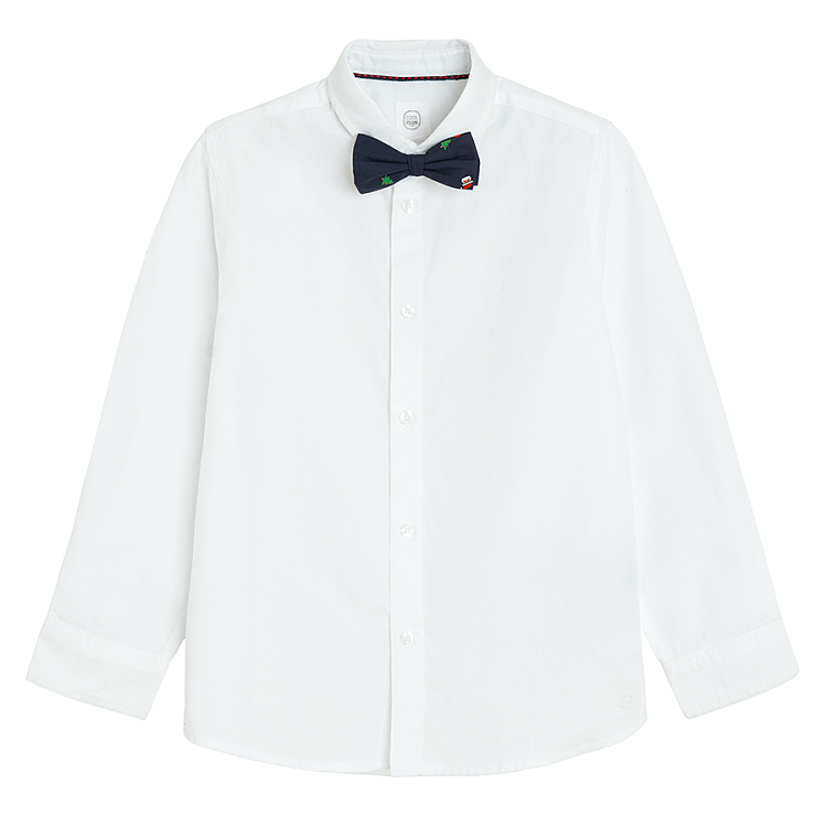 White long sleeve shirt with blue bow tie