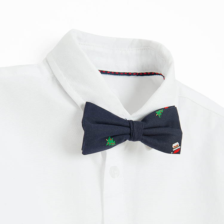 White long sleeve shirt with blue bow tie