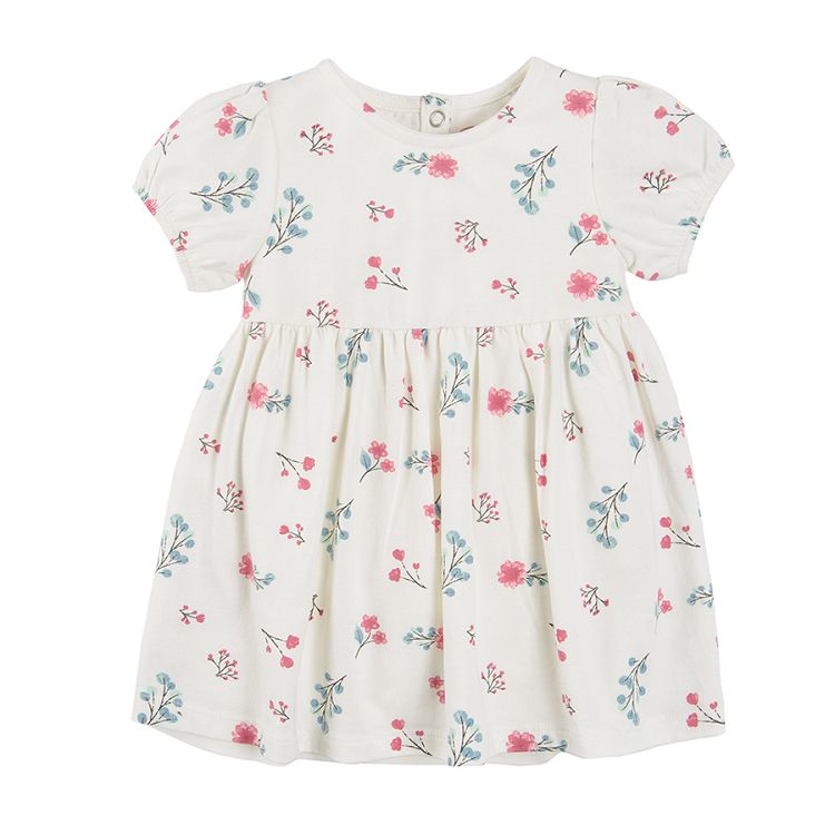 White short sleeve dress with mix color flowers and pink tights clothing set