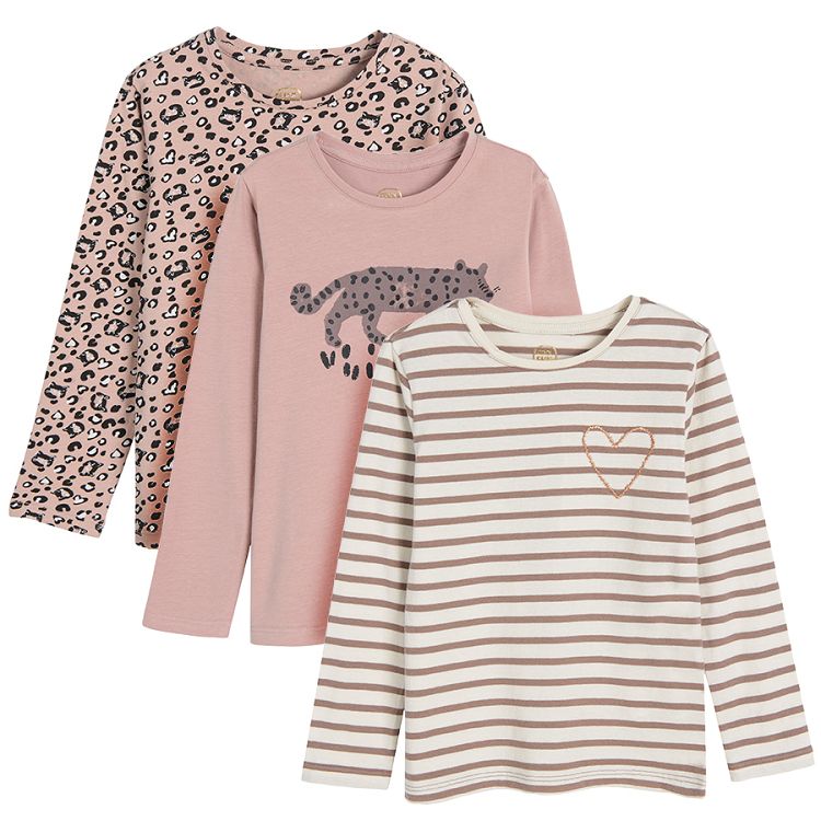 Striped animal print and leopard print long sleeve blouses 3 pack