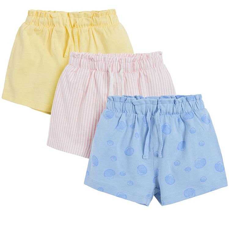 Light yellow blue and pink shorts with adjustable waist and pockets- 3 pack