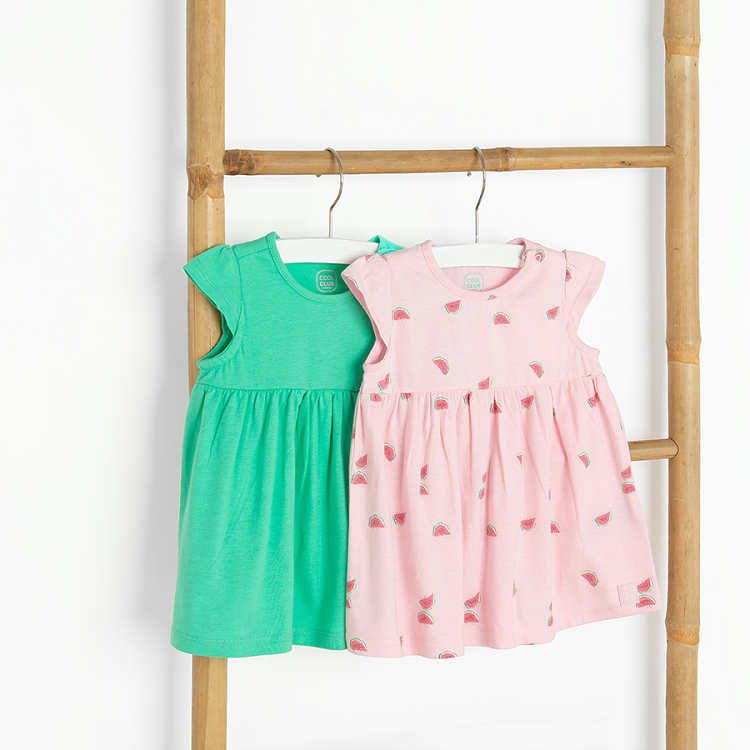 Green and pink with watermelons print short sleeve dress- 2 pack