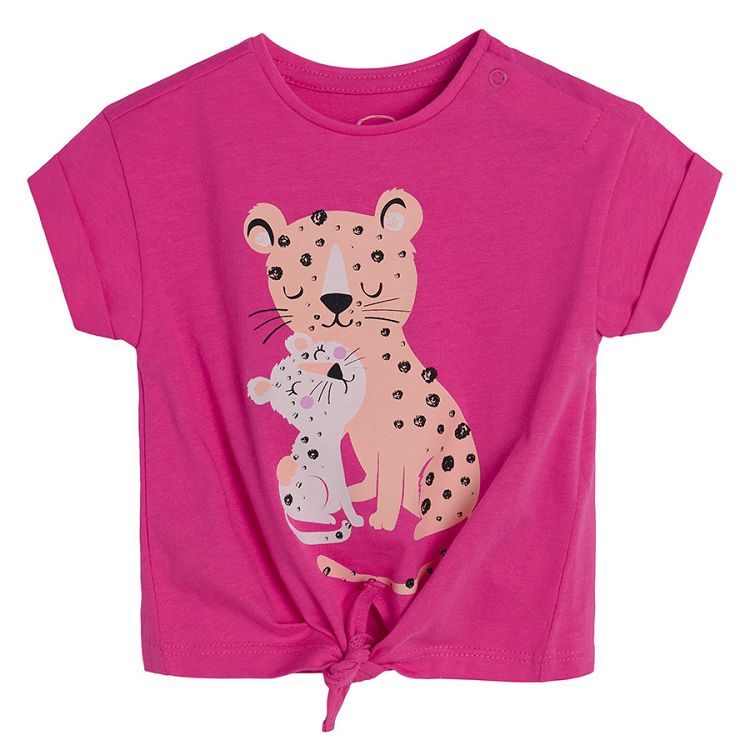 Fucshia short sleeve T-shirt mommy baby tiger print and knot on the front