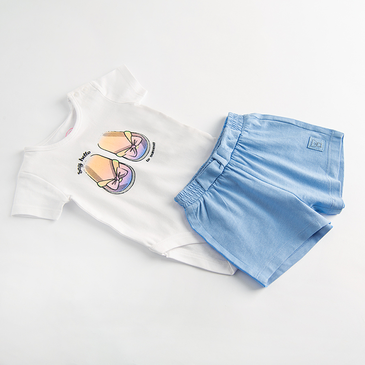 White short sleeve bodysuit with flip flop print and blue shorts set