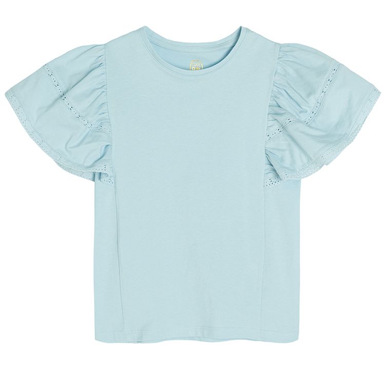 Blue short sleeve T-shirt with ruffles on the sleeves