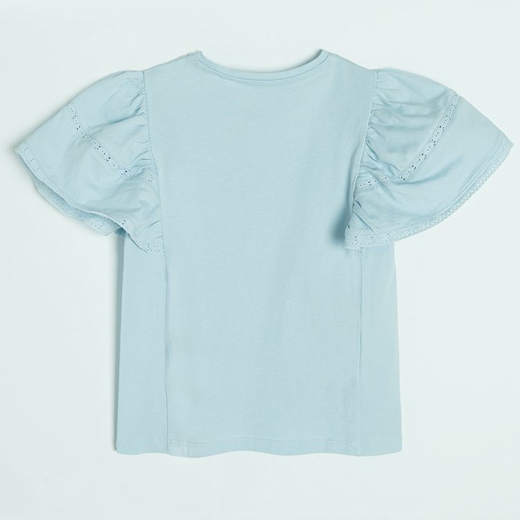 Blue short sleeve T-shirt with ruffles on the sleeves