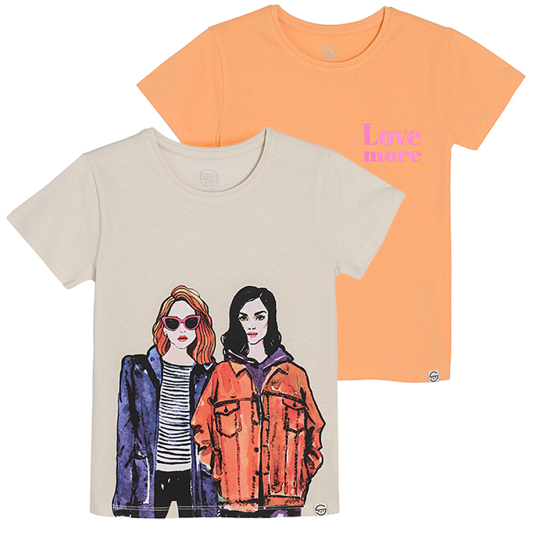 Orange and white with women print short sleeve T-shirts - 2 pack